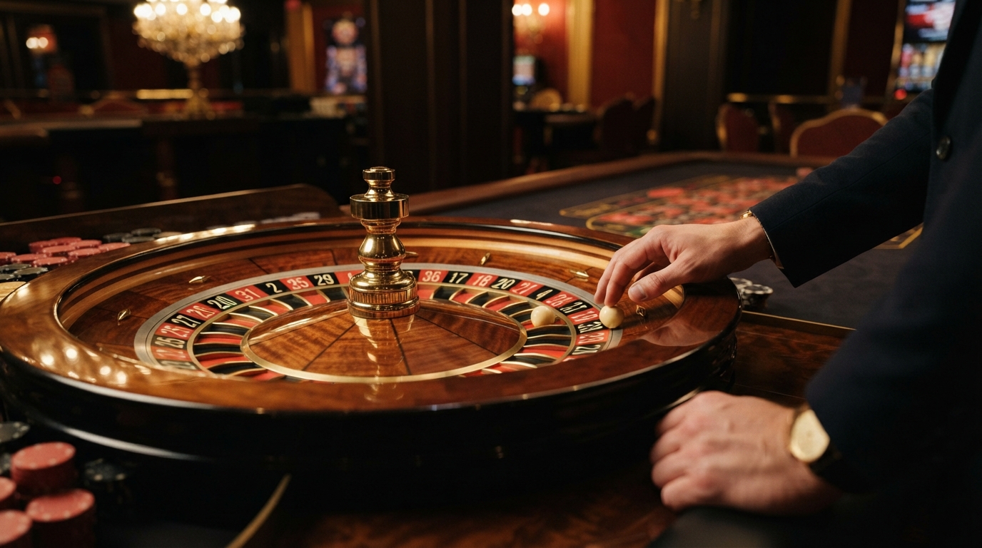 Bedste roulette casino: Find et nyt online casino — Makrooptagelse af en poleret messing roulettehjul med kuglen hvilende i sporet,