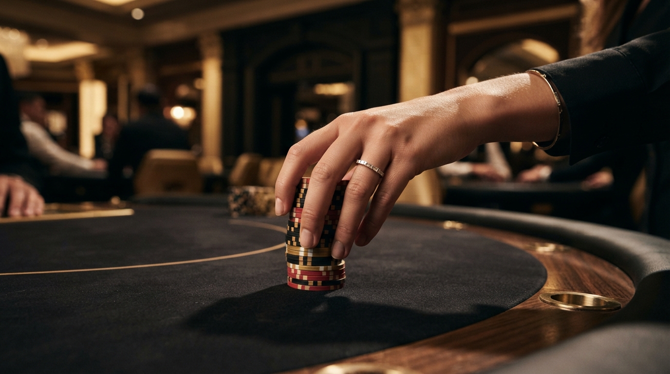 Bedste roulette casino: Find et nyt online casino — En hånd med et subtilt baguette-ring skubber en høj stak jetoner hen over et bor