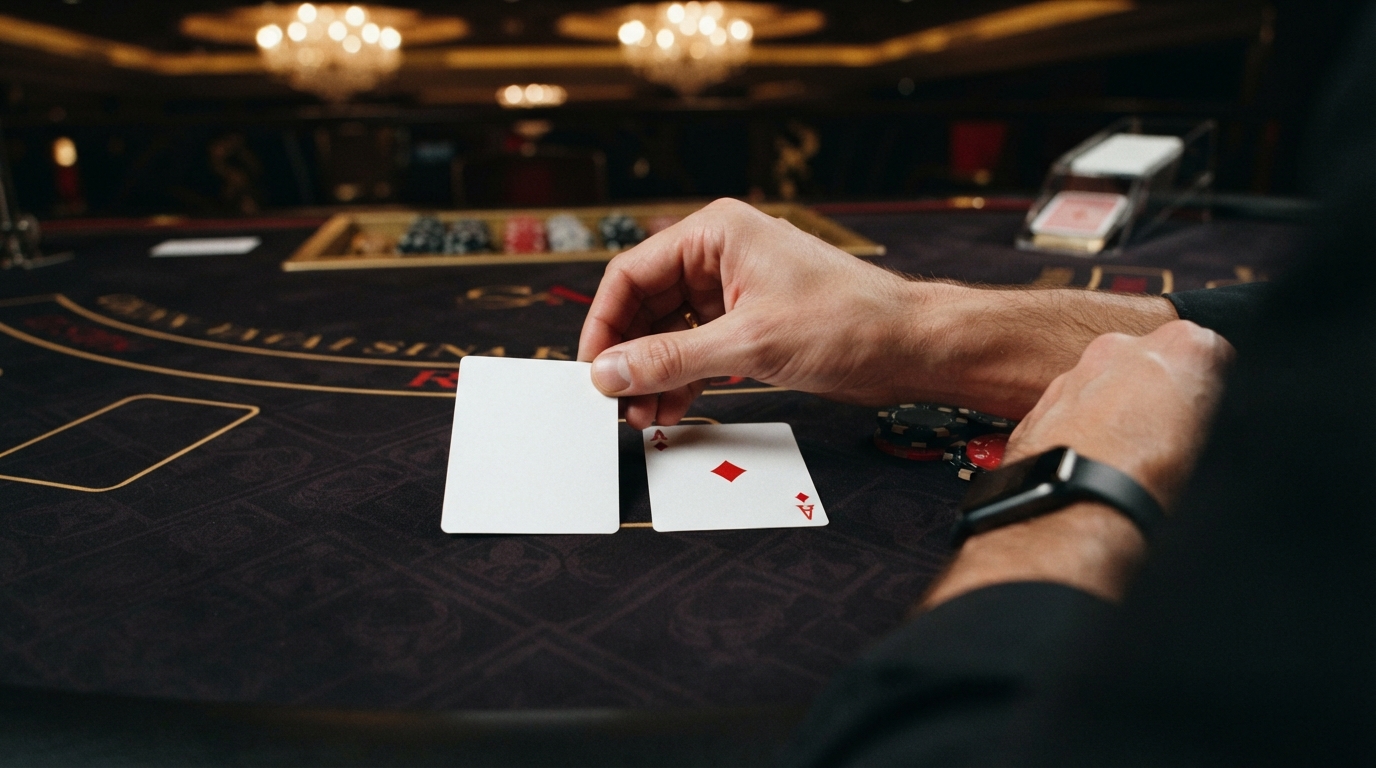 Bedste roulette casino: Find et nyt online casino — Top-down-optagelse af et par professionelle kort, der lige er blevet vendt, med