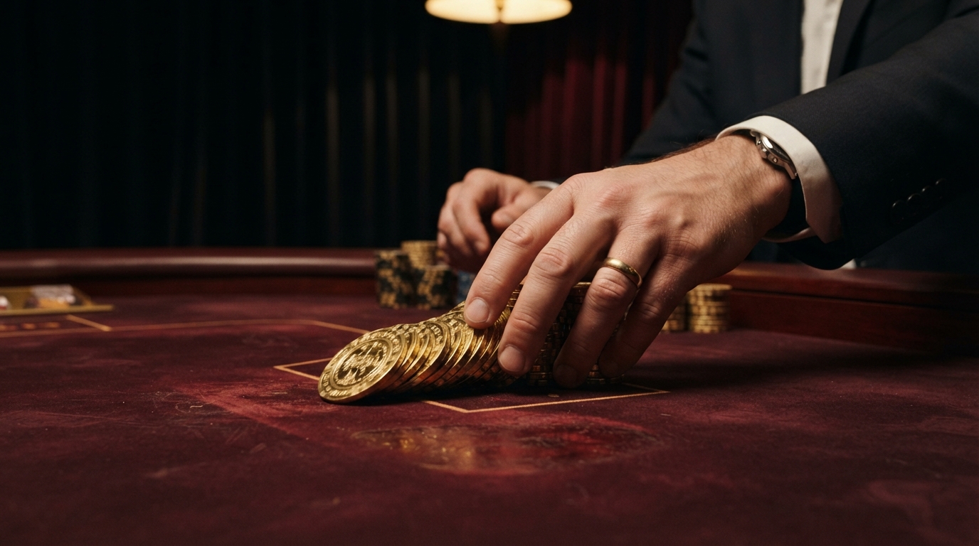 Casino bonuskoder til nye online casinoer — Mørke gardiner, en guldbelagt chipstabel skubbes hen over et dybrødt filtbord, o