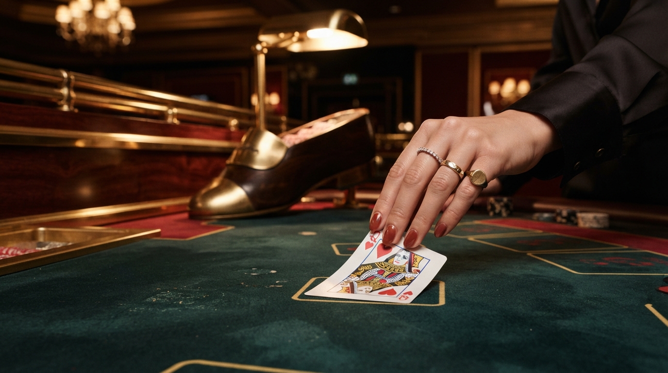 Casino bonuskoder til nye online casinoer — En slank, poleret hånd vender et spillekort, et glimt af messing fra en kortsko