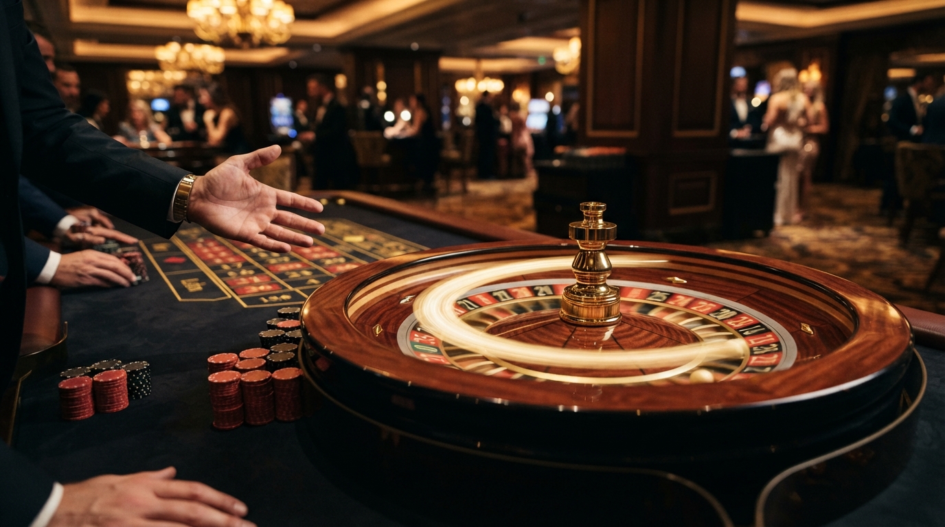 Casino bonuskoder til nye online casinoer — Et roulettehjul i fuldt sving, kuglen en uskarp streg i et hav af sort og guld.