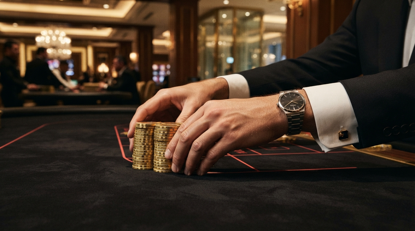 Casino sider med free spins uden om ROFUS — Hænder i manchet med et diskret ur skubber en tårn af gyldne chips hen over dybs