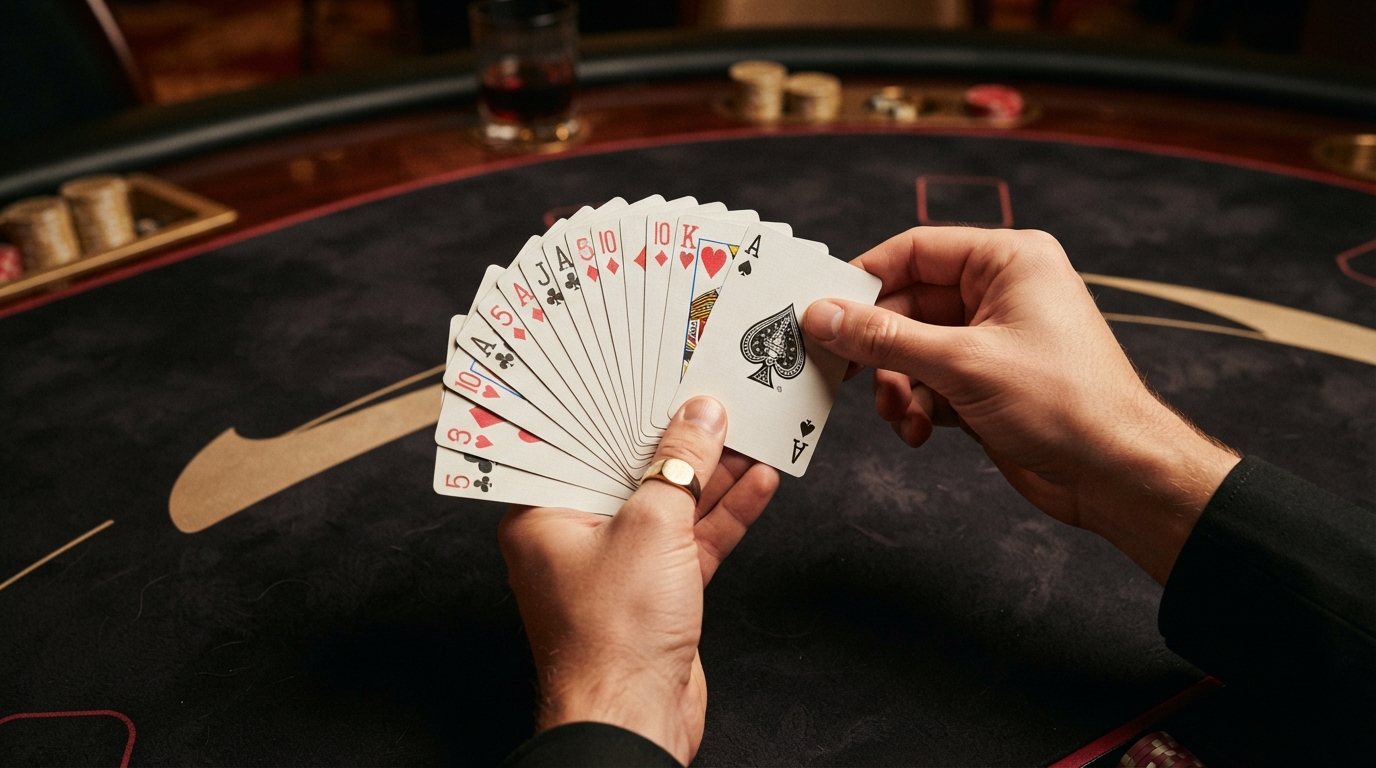 Casino sider med free spins uden om ROFUS — Top-down, skarpt fokus på et fanned-out sæt spillekort, hvor en hånd overvejer e