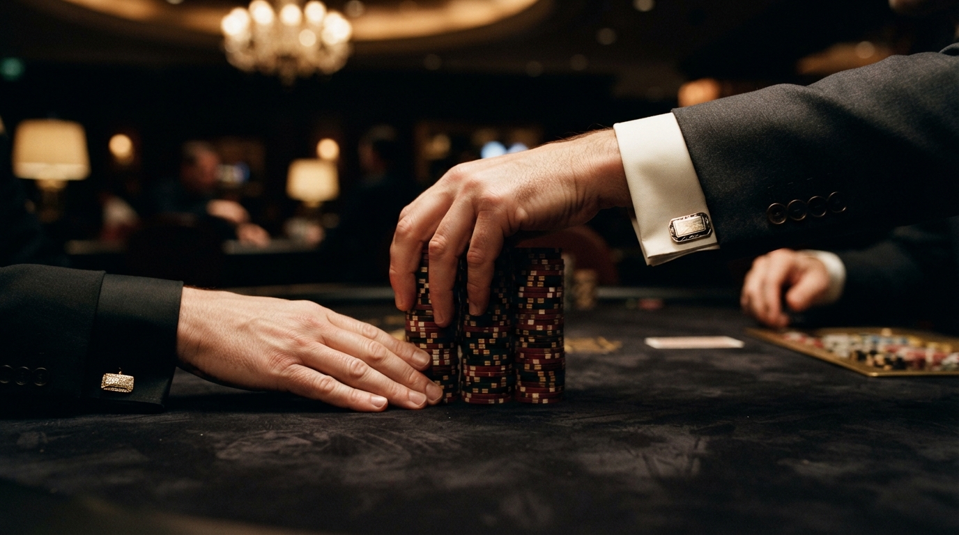 Nye casinoer i Danmark — Hænder med elegante manchetknapper skubber en uendelig stak spillechips over dyb