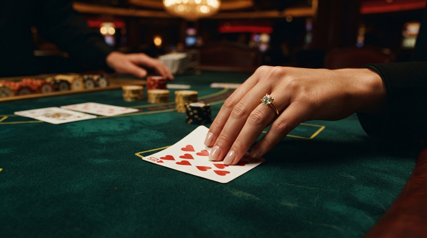 Nye casinoer i Danmark — Et close-up, top-down af et nyt spillekort, der lige er blevet vendt, med en ski