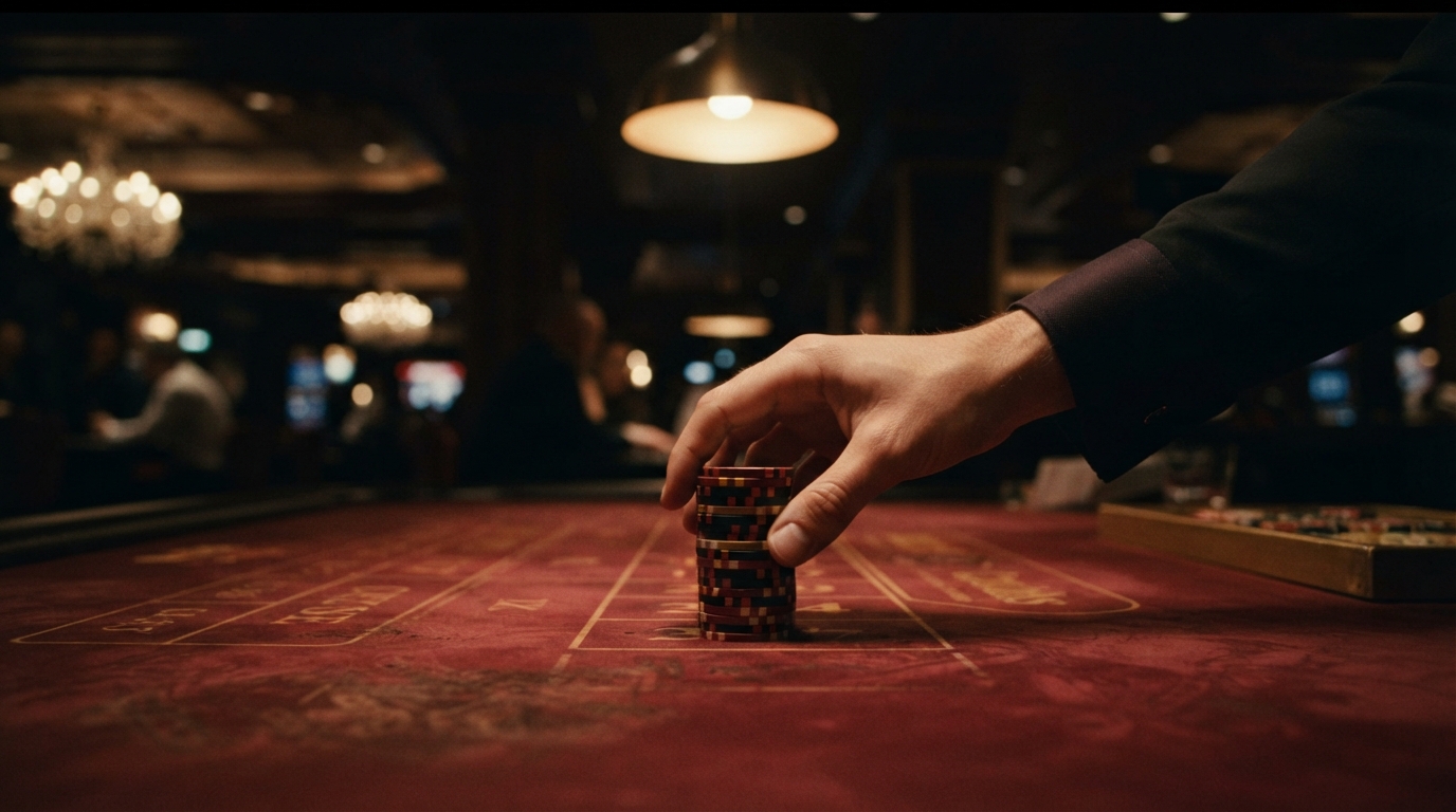 Bedste spillemaskiner online casino Danmark — En hånd med diskret manchet skubber en perfekt stablet tårn af jetoner hen over