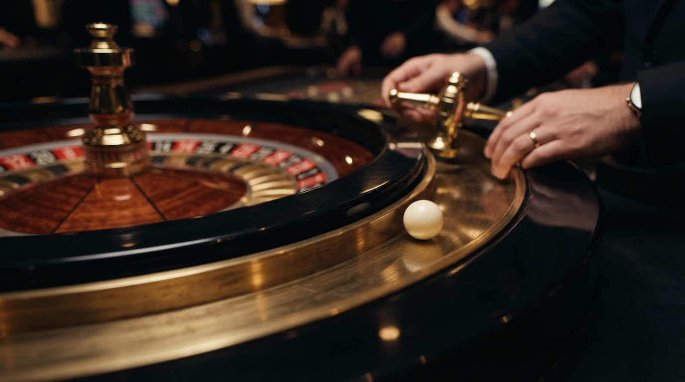 Bedste spillemaskiner online casino Danmark — Makrooptagelse af en roulettekugle i præcis bevægelse langs den polerede messing